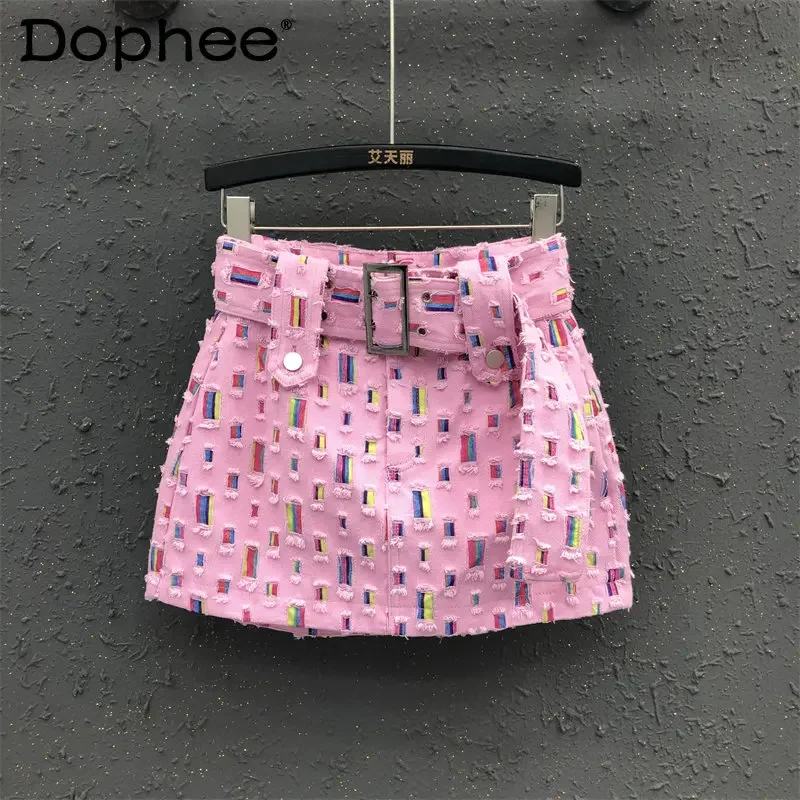 High Street Fashion Sweet Colorful Ripped Denim Skirt Women 2023 New Summer Skirts High Waist Slimming A- Line Mini Skirt Trendy sexy side lace up blue ripped hollow skinny indie jeans street women push up butt bandage distressed denim pencil pant