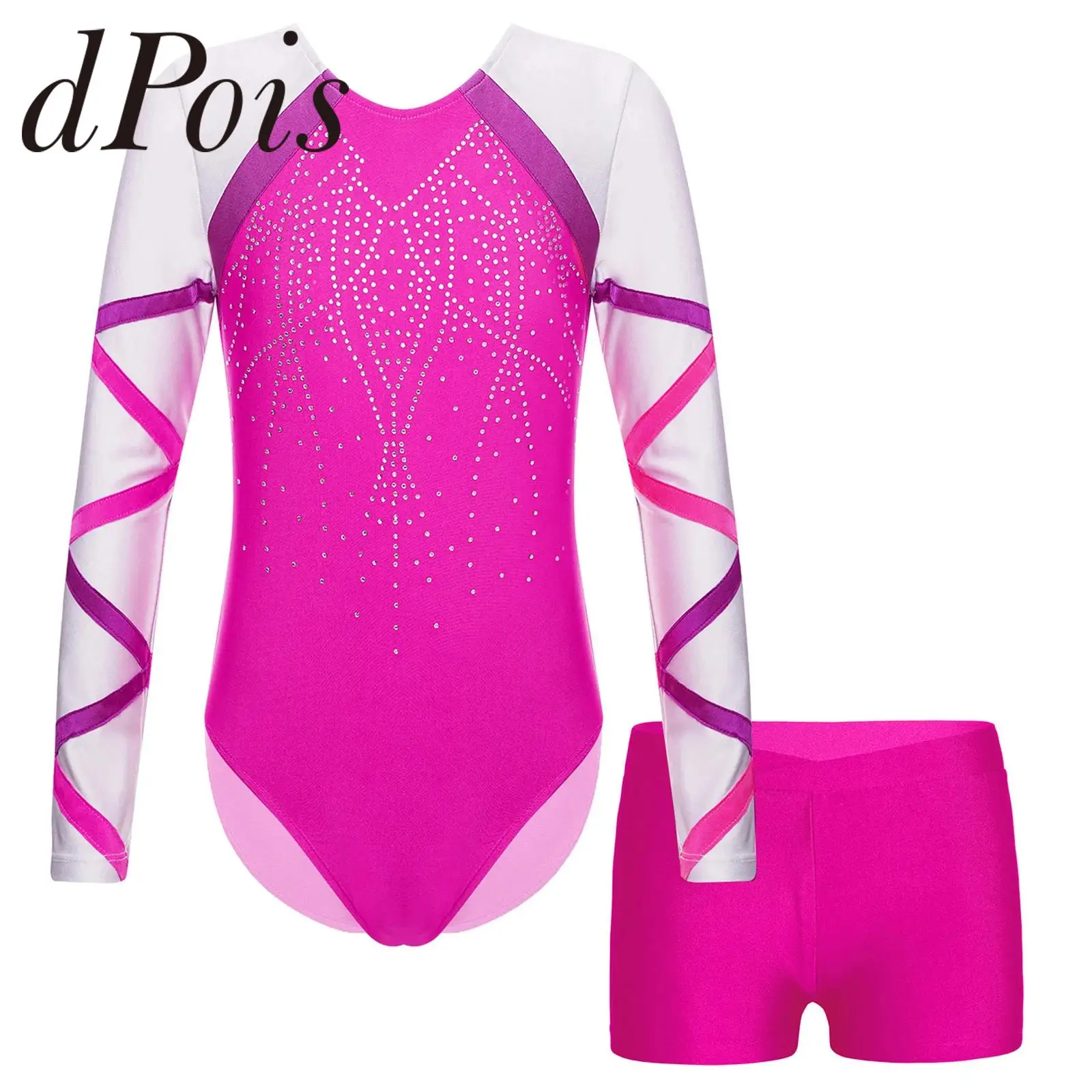Kids Girls Ballet Gymnastics Outfit Rhinestones Rhythmic Gymnastic Leotard Bodysuit with Shorts Teens Stage Performance Clothes