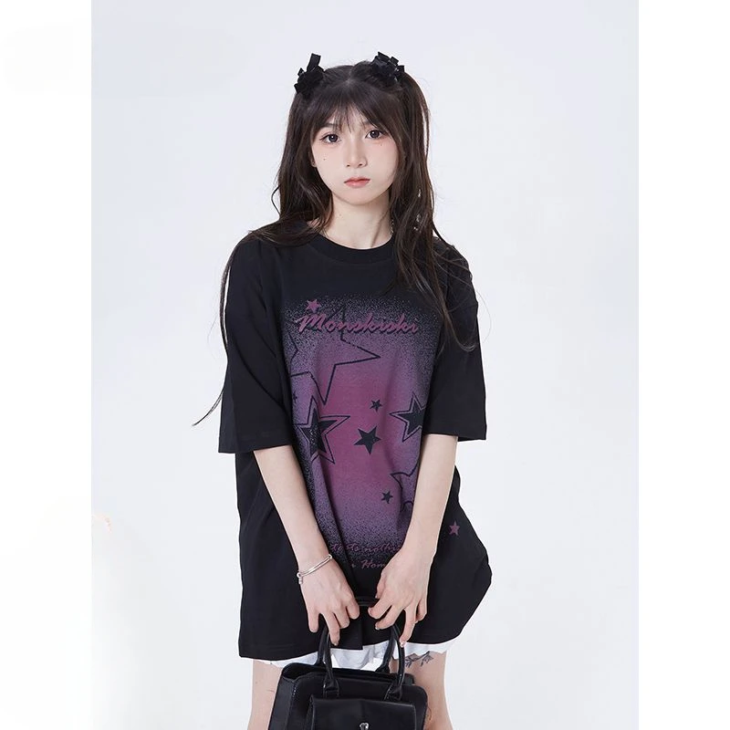 

American college style salt style short-sleeved sweet cool star printed cotton t-shirt women casual fashion design couple tops