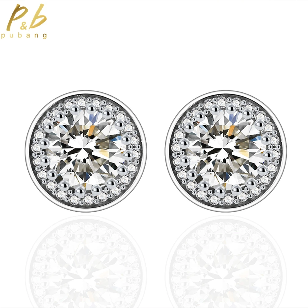 

PuBang Fine Jewelry Solid 925 Sterling Silver Created Moissanite Round Stud Earrings for Women Men Engagement Gift Free Shipping