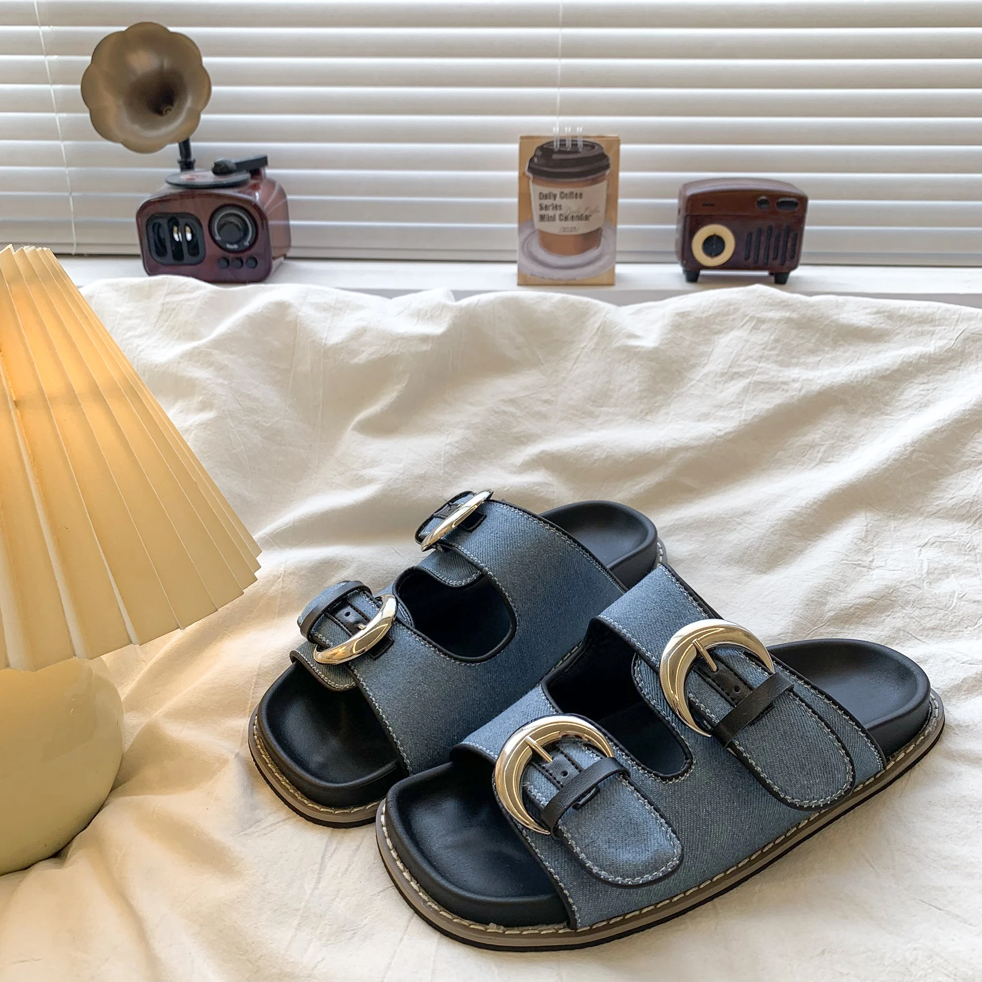 Black Soft Leather PU Flat Sandals Women Fashion Metal Buckle