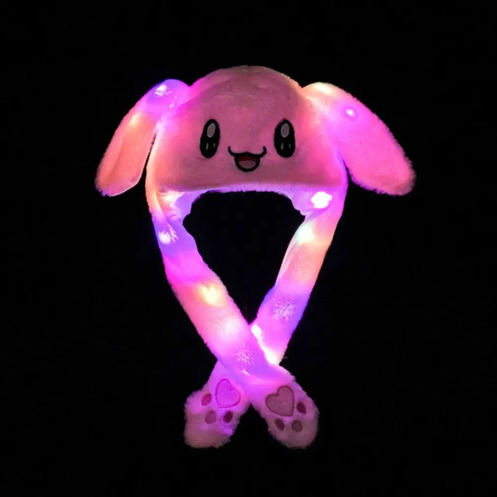 Kawaii Plush LED Glowing Rabbit Ears Hat Lovely Luminous Kids Adult Plush Hand Pinch Cap Moving Ears Hat With Earflap Gifts 1pcs fluorescent hat,neon hat