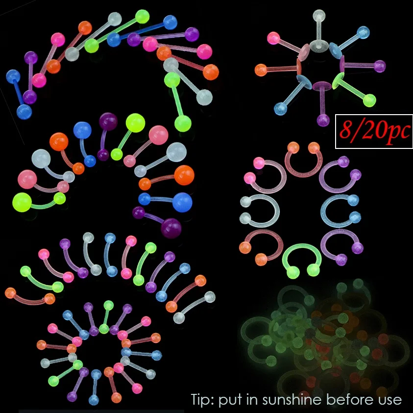 

8/20pc Flexible Barbell Piercing Glow In Dark Tongue/Belly/lip/Eyebrow/Nose Ring Luminous Punk Fashion Body Jewelry Random Color