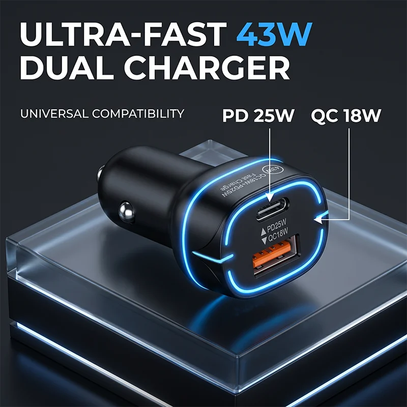 듀얼 포트 43W 차량용 충전기 고속 충전 어댑터 타입 C PD 25W USB A..