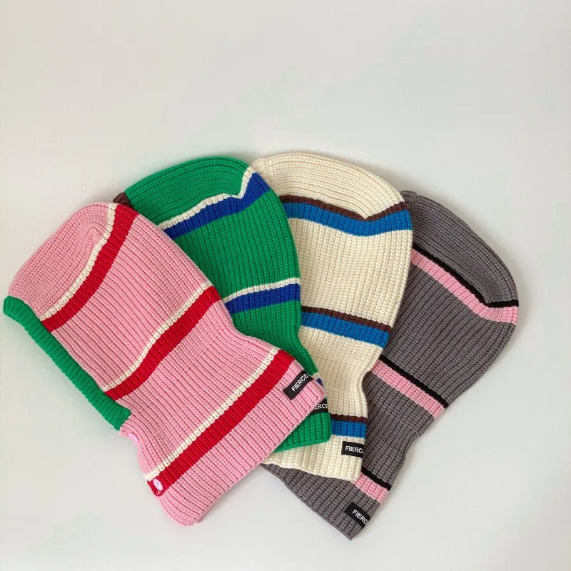 Winter Children's Knitted Hats Kids Striped Warm One-piece Scarf Wool Hat Kids Warm Ear Protection Hat Baby Winter Caps