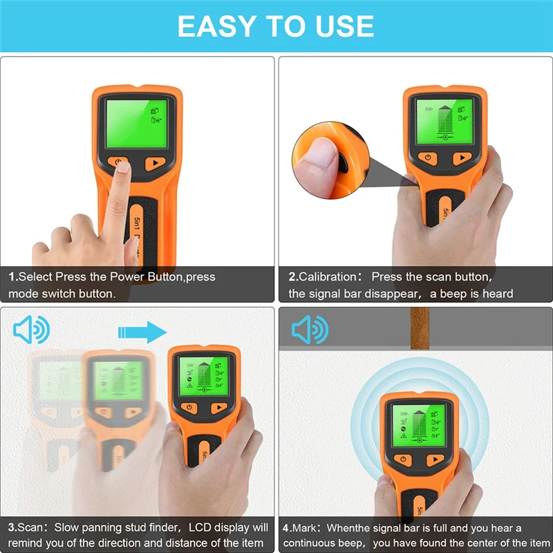 5 In 1 Wall Scanner Stud Detector Digital Handheld Wall Detector PVC Water Pipe Metal Finder Scanner Orange Easy To Use