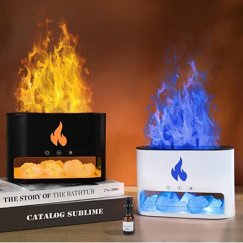 

3D Simulation Flame Volcano Crystal Salt Stone Seven Color Atmosphere Light Flame Aromatherapy Machine Humidifier Essential Oil