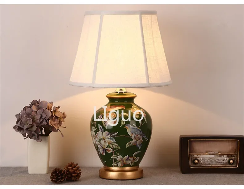 Description Picture 3 of itemChinese rural green flower&bird ceramic Table Lamps traditional Dimmer/Touch switch fabric E27 LED lamp for bedside&foyer MF046