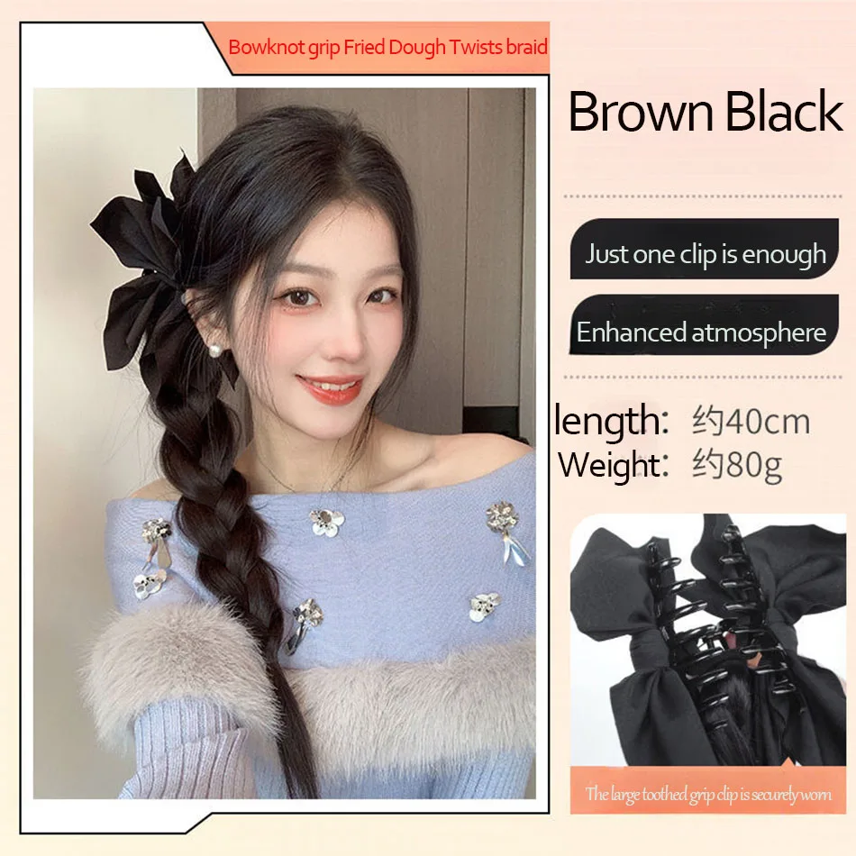 Side-Tie Synthetic Braids Ponytail Hair Extensions With Black Butterfly Knot Clips For Elegant Girls Daily And Party Wear