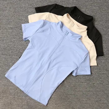 2025 New Tight Stand Collar Yoga Tshirt Women Sports Quick-Drying Full Zipper Short Sleeves T Shirts Woman Slim Fit Crop Tops