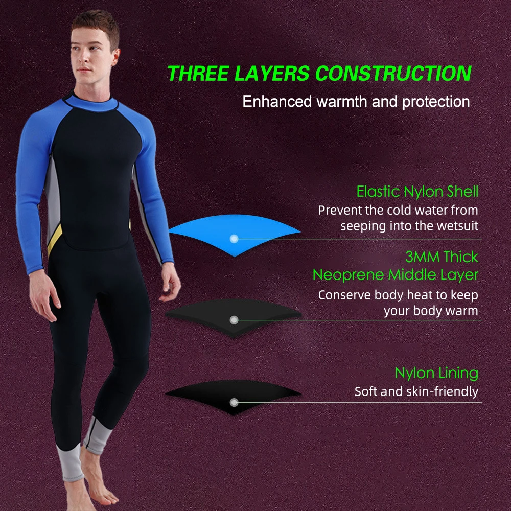 Men 3MM Neoprene One-Piece Keep Warm Full-Body Wetsuit Surfing Swimsuit Water Sports Scuba Diving Snorkeling Wetsuits