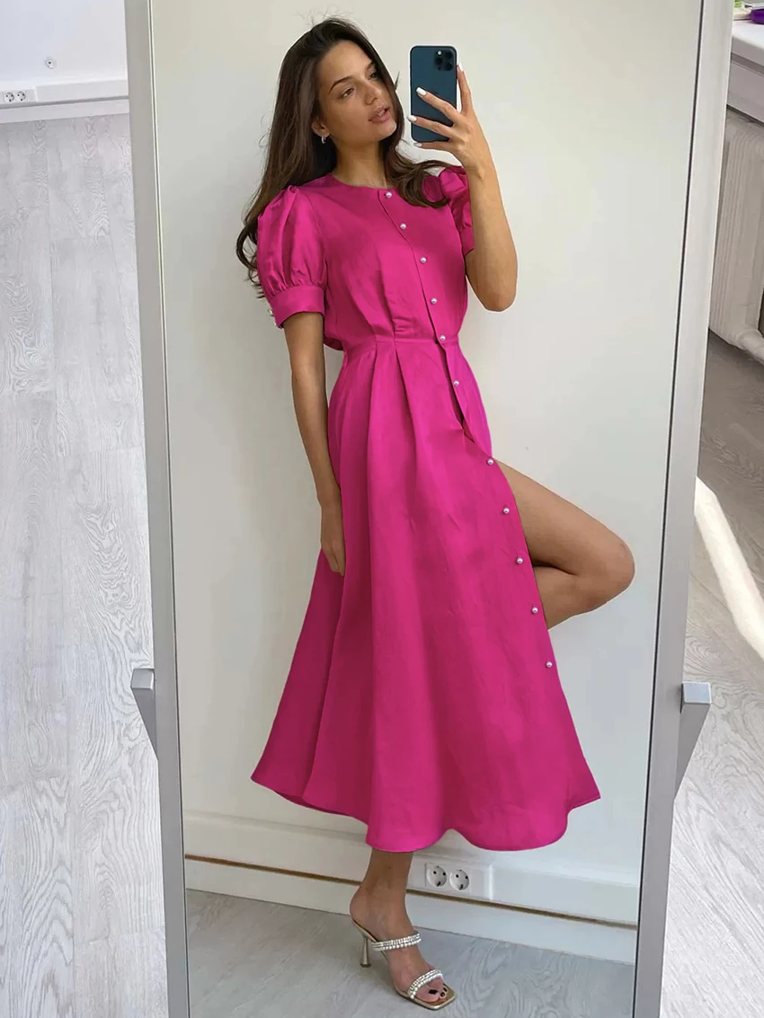 2023 Rose Red Robe Office Summer O-Neck Lantern Sleeve Pearls Button Midi Dress Elegant Party A-Line Fit Flare Dress Women Chic