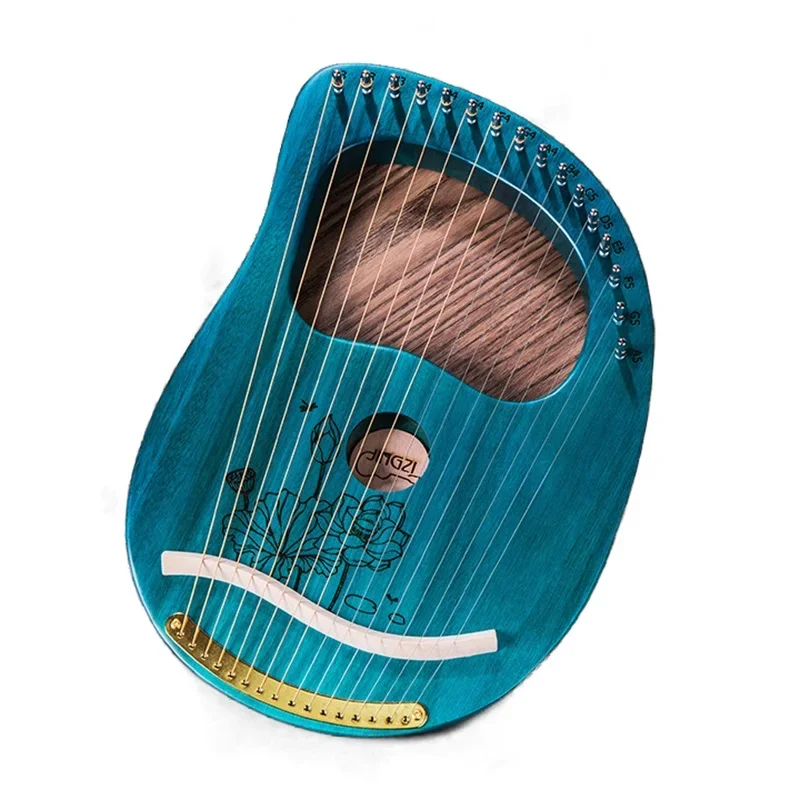 Ice Blue Lyre Harp 16 Strings Piano Musical Instrument Wooden Mahogany Laiya With Pretty Print Metal Strings And Tuning Wrench