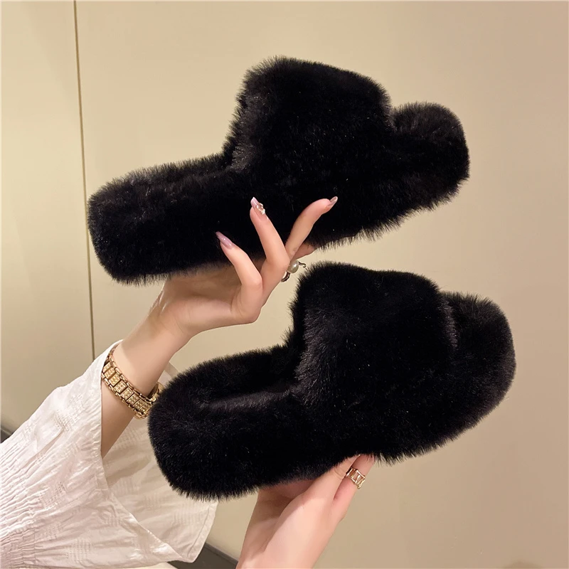 Fur Slippers Winter Platform Fluffy Slippers Furry Sabot Hairy Plush Women 2024 House Home Flat Cozy Fuzzy Indoor Shoes Casual