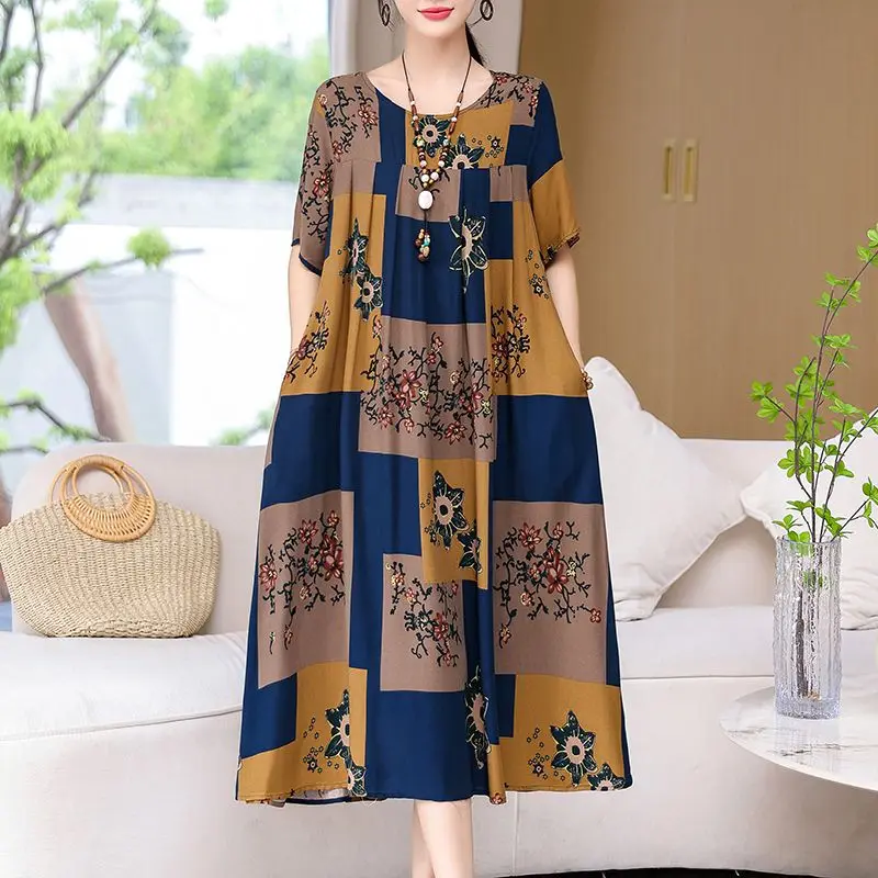 Nightgown Women Summer Big Size Sleepwear Vintage Dress Short Sleeve Long Robe Print Maxi Dresses Pajamas Loungewear New