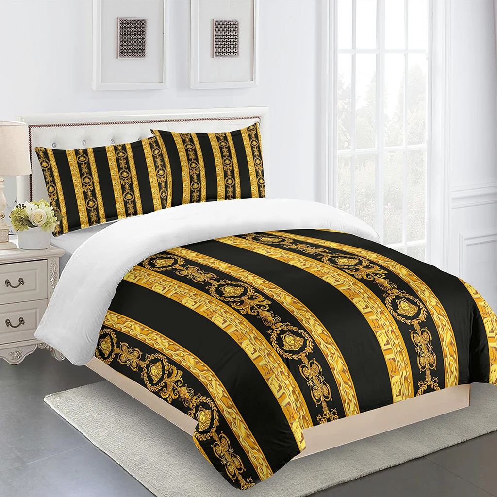 

3D Deluxe Black Gold Striped Bedding Ethiopia Style Bed Three Sets Single Bed Double Bed Quilt Cover 2 Pillowcases