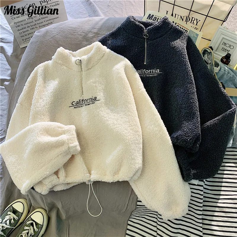 

Lambswool Cropped Sweatshirts Women Keep Warm Half High Collar Zipper Loose Pullover Fall Winter Thicken Letter Long Sleeve Tops