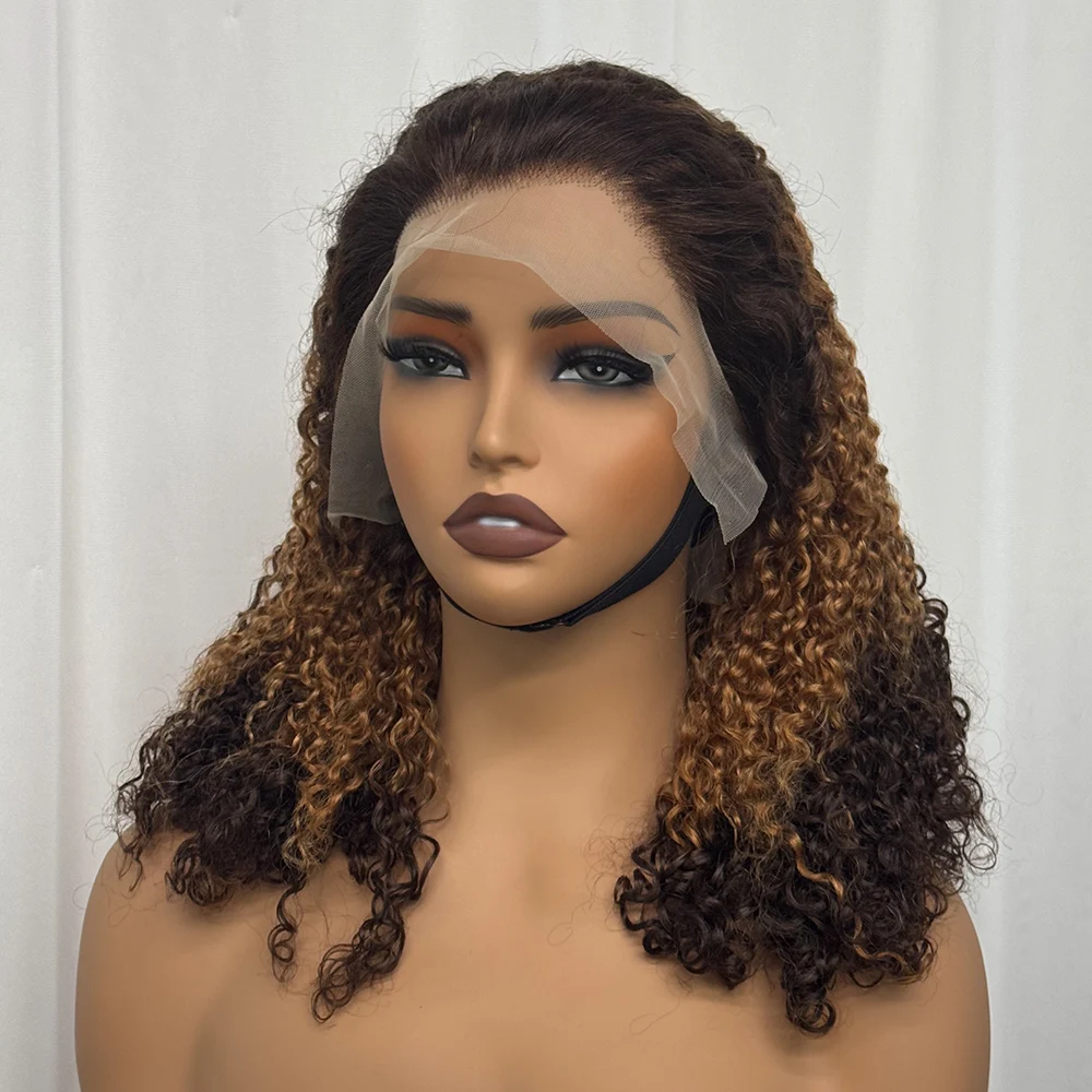300% Density Burmese Full Pixie Curly Hair Wig Ombre Bob Human Hair Wig 13x4 Transparent Lace Front Wig for Black Women 16 inch