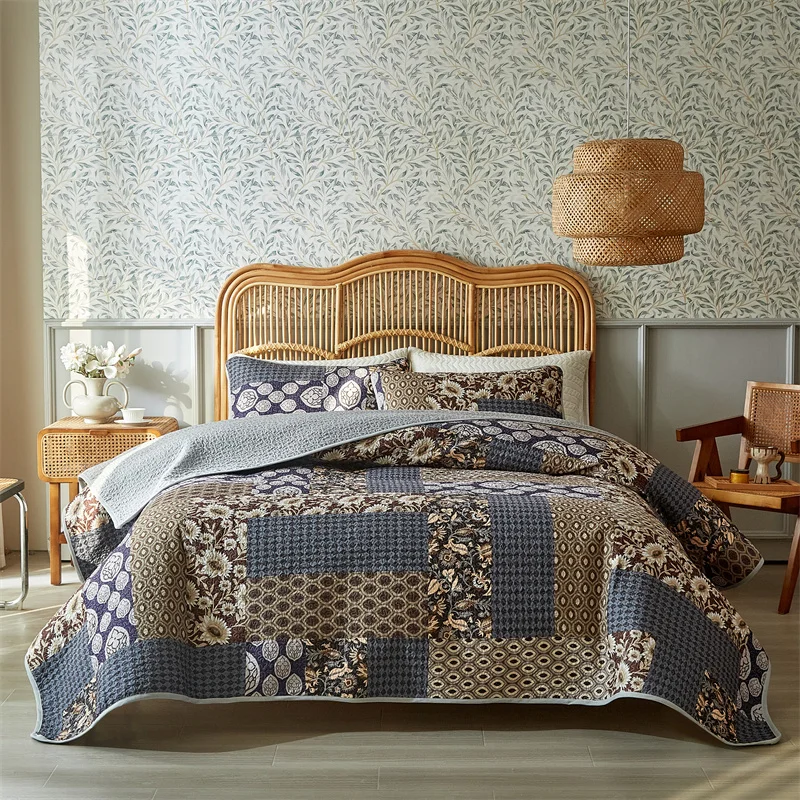 3pcs/set Bedspread Set,American Style Bed Cover+Pillowcase,Pastorl Home Patchwork,Mattress Topper Sheet Blanket Twin King Full