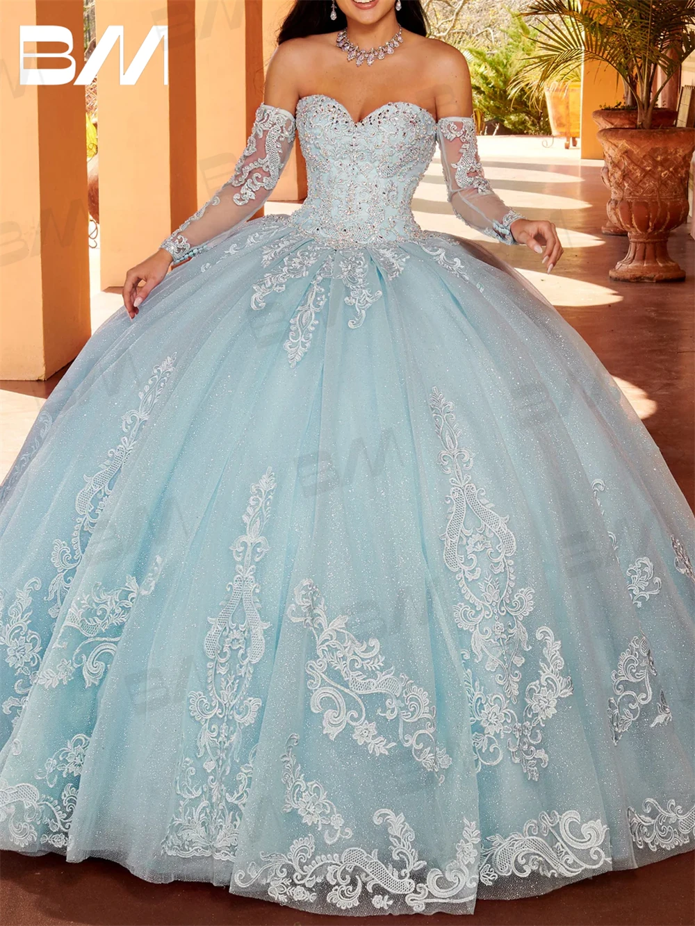 Vintage Quinceanera Dresses for Women Off the Shoulder Detachable Sleeves Tulle Sweet 15 16 Dresses Party Gown