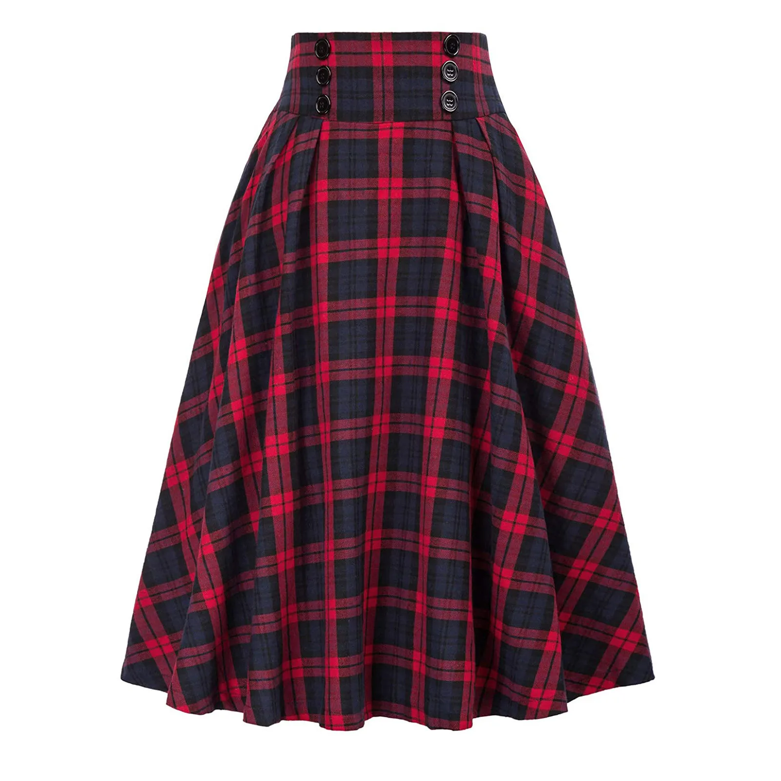 Women Vintage Pleated Plaid Skirt Elegant Ladies High Waist Button Casual Wrap Midi Skirt Autumn Winter Plus Size Preppy Skirts 2