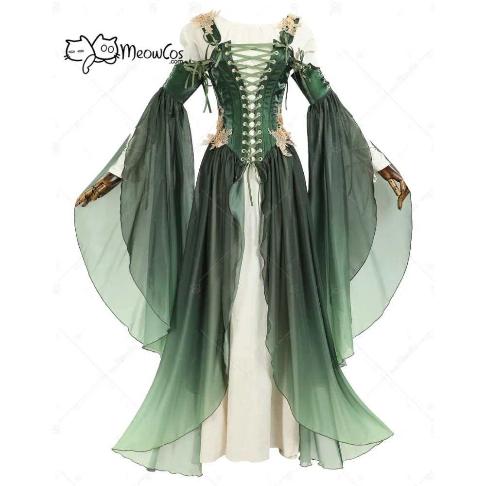 Fae Costume Women SKEFOLI Medieval Elf Costume 6 Pcs Irish Renaissance Dress  With Elf Medieval Renaissance Dress Set With Elf Ears Crown