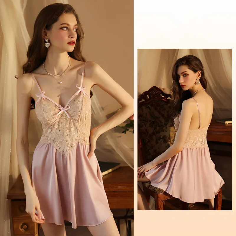

Lingerie For Women Sexy Sling Short Dress Silk Lace Summer Nightgowns For Woman Slim Nightwear Sleeping Home Nightdress