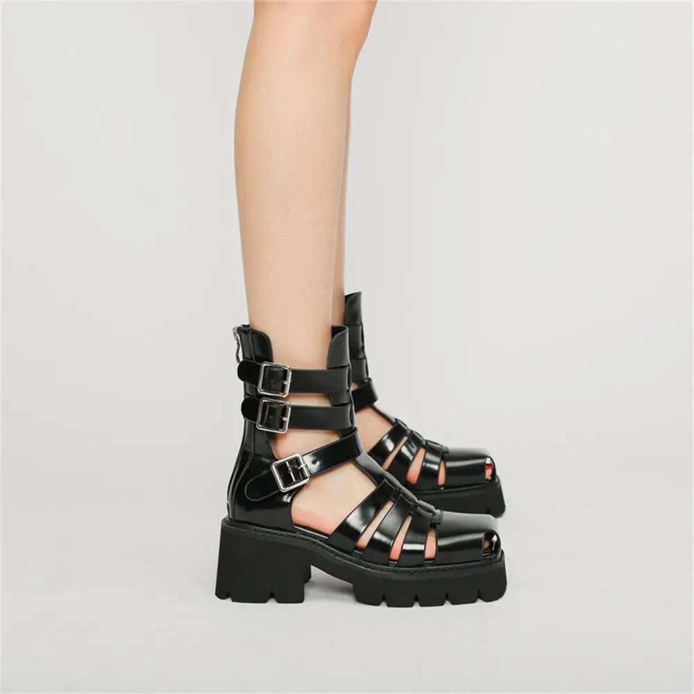 Damen Gladiator Sandalen Mit Blockabsatz Schwarze Sommerschuhe_voghion.com