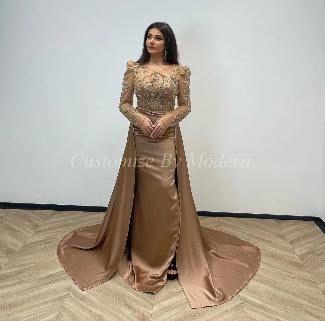 

Mermaid Long Sleeves Prom Dresses O-Neck Beaded Sweep Train Saudi Arabia Women Evening Party Dress