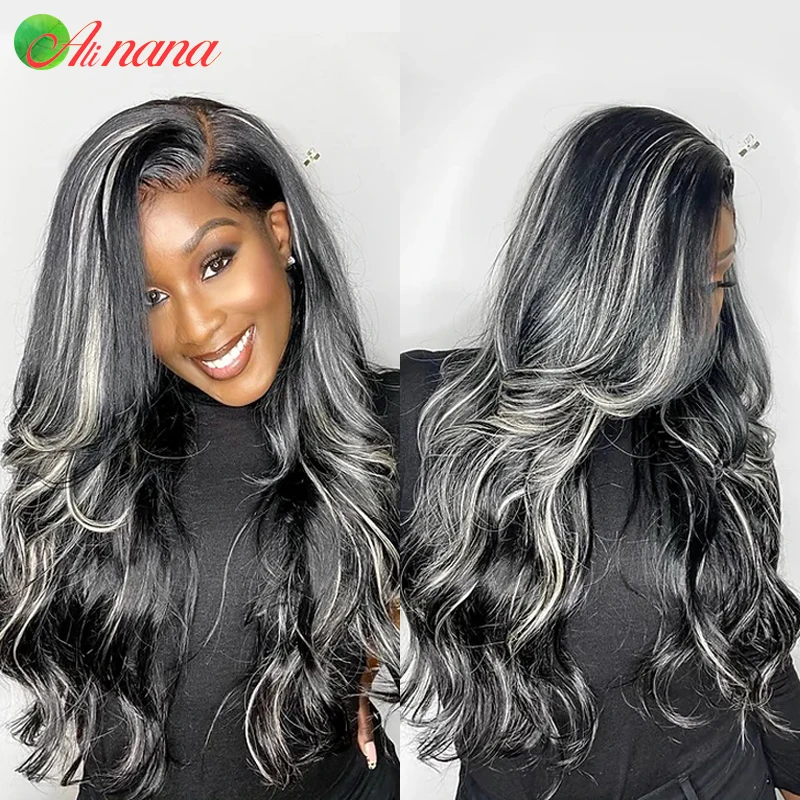 

Gray Highlights Colored Human Hair Wig 13x4 Lace Front Wigs Body Wave Transparent Platinum Blonde Highlight Wigs For Black Women