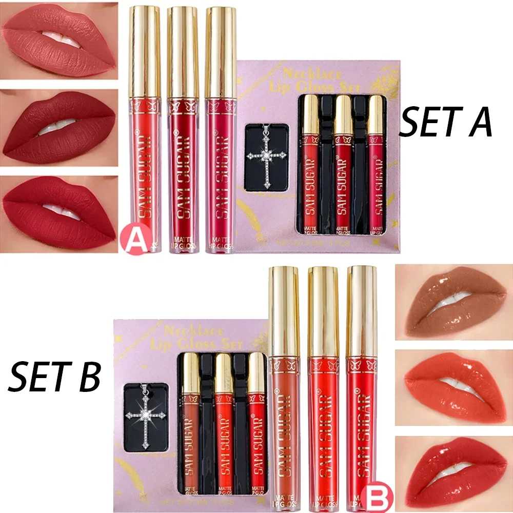 3Pcs/Set Lipgloss With Necklace Makeup Velvet Matte Liquid Lipstick Mirror Lip Gloss Waterproof Lasting Lip Stick Cosmetics Gift 2