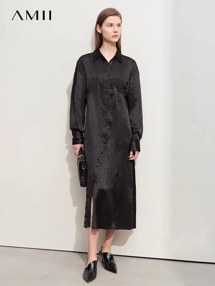 

Amii минимализм 2024 весеннее Новое Женское платье однотонное женское роскошное Складчатое Тканое приталенное платье средней длины с отложным воротником Vestidos 12441341