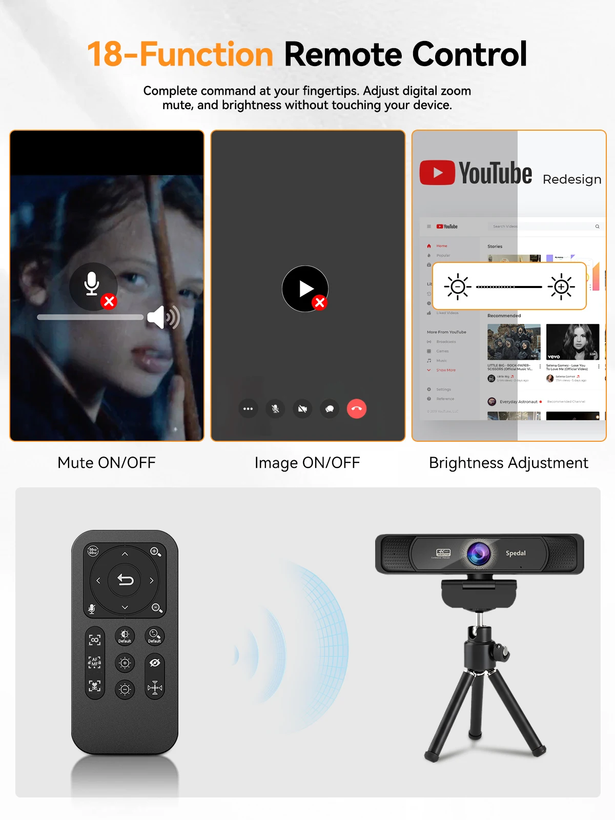 Spedal 931 HD 4K 30Fps 120 Wide Angle Webcam Wtih Microphone Remote Control Streaming PC Conferencin Windows Mac Linux