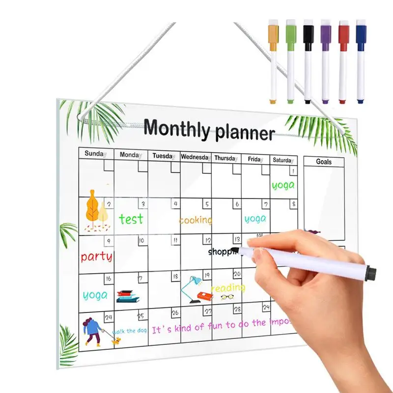 Monthly Calendar Whiteboard With 6 Pens Erasable Acrylic Transparent Board Hanging White Board Monthly Planner Notepad