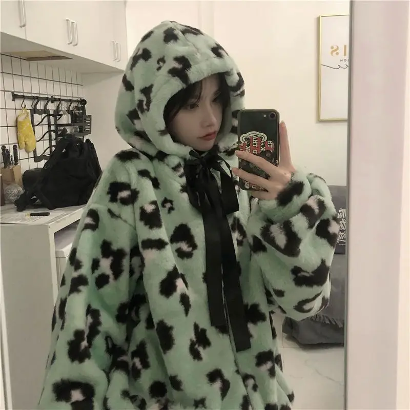 Leopard Print Hooded Women Couple Winter Kawaii Female Street Fashion Keep Warm Oversized INS 2022 New