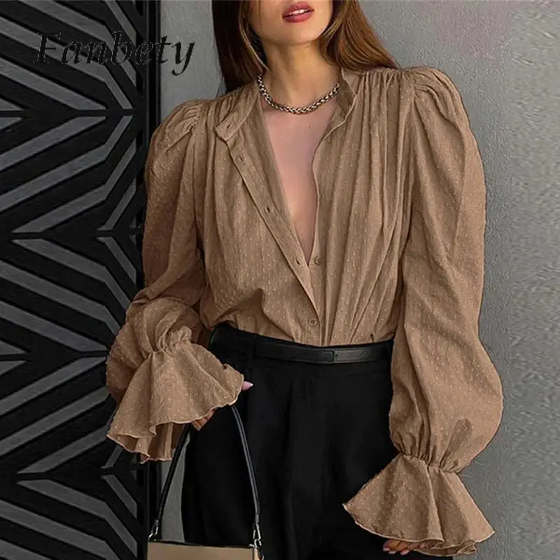 

Elegant Solid Flare Sleeve Office Shirts Pullover Spring Summer Button Top 2024 Clothes High Street Jacquard V-Neck Blouse Blusa
