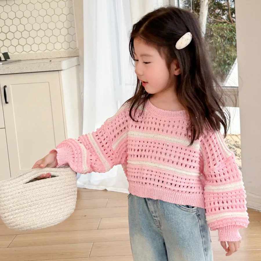 

Children Clothing 2024 Spring New Girls Striped Hollowed-out Sweater All-match Casual Simple Kids Fashionable Sweater