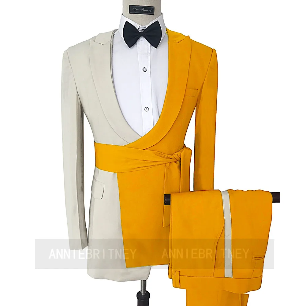 Formal Beige Camel Patchwork Belt Men Suit 2 Pieces Blazer Tailored Jacket Wedding Men Suits For Elegant Groom Tuxedo Pants