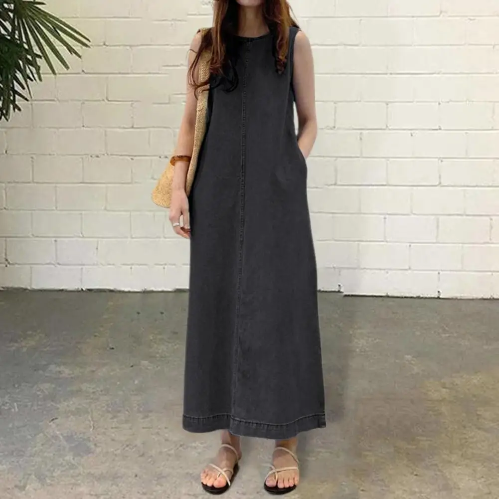 

Loose Waist Women Dress Women Round Neckline Dress Stylish Maxi Dress with Side Pockets Elegant Ankle-length Robe Type for Wear