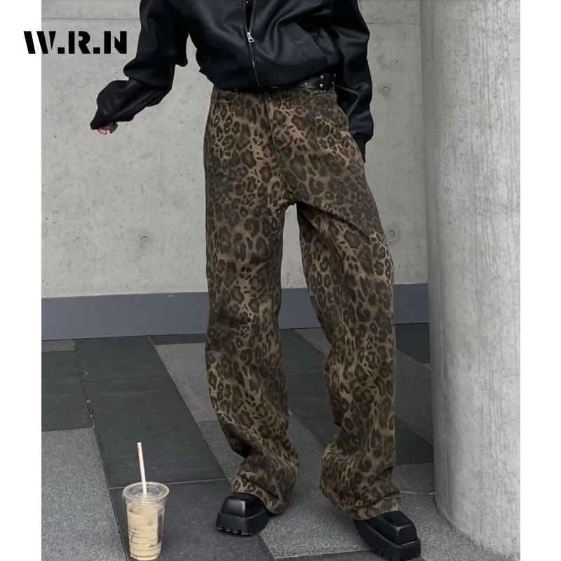 

Женские мешковатые джинсы с леопардовым принтом, винтажные модные брюки-карго Y2k из денима с высокой талией, широкие брюки в стиле Харадзюку