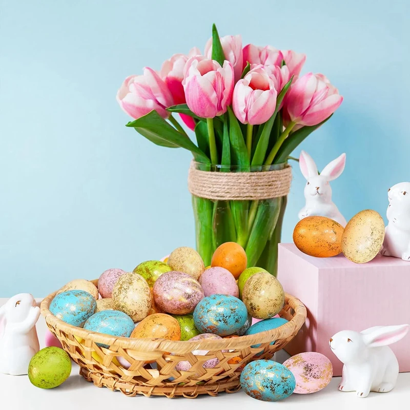60 Pcs 6 Colors Foam Easter Eggs Pastel Easter Eggs Decorations Gold Easter Eggs Decorative Gold Speckled Eggs 4 X 6Cm 3