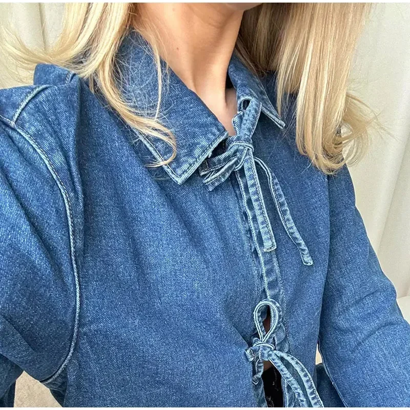 Camisa vaquera con cordones para mujer, blusa holgada de manga larga con solapa y cuello alto, primavera 2025