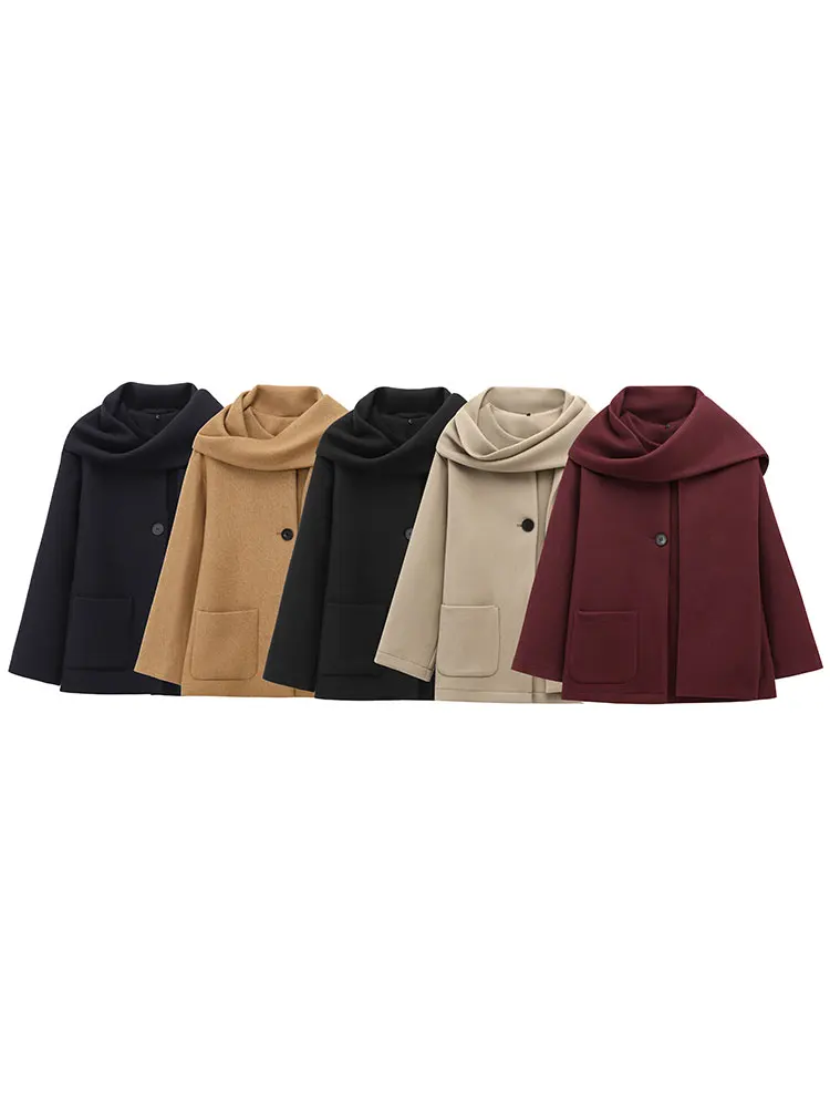 HH Women Elegant Solid Scarf Collar Coat Single Button Long Sleeve Jacket Autumn Winter Fashion High Street Lady Chic Outwear