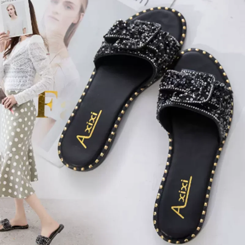 Lady Bow High Quality Bling Shoes Casual Summer Open Toe Women Slides Sequined Cloth Flat Slippers Black Grey Plus Sizes 43 -35