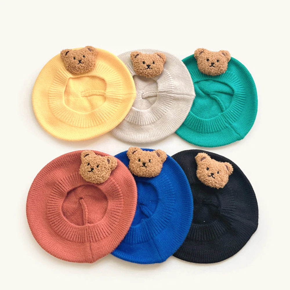 Cartoon Bear Knit Candy Colors Painter Hat for Baby Girls Hair Accessories Children Knitted Beret Cap Newborn Cute Headwear 0-4T 4
