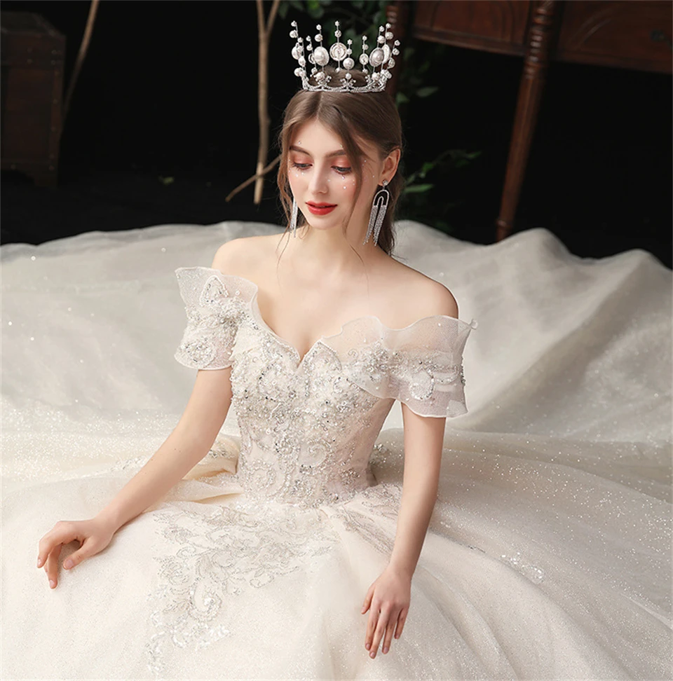 

Luxury Tulle Off Shoulder Boat Neck Beading Wedding Dresses For Women 2024 Ball Gowns Court Train Bridal Gown Vestidos De Novia