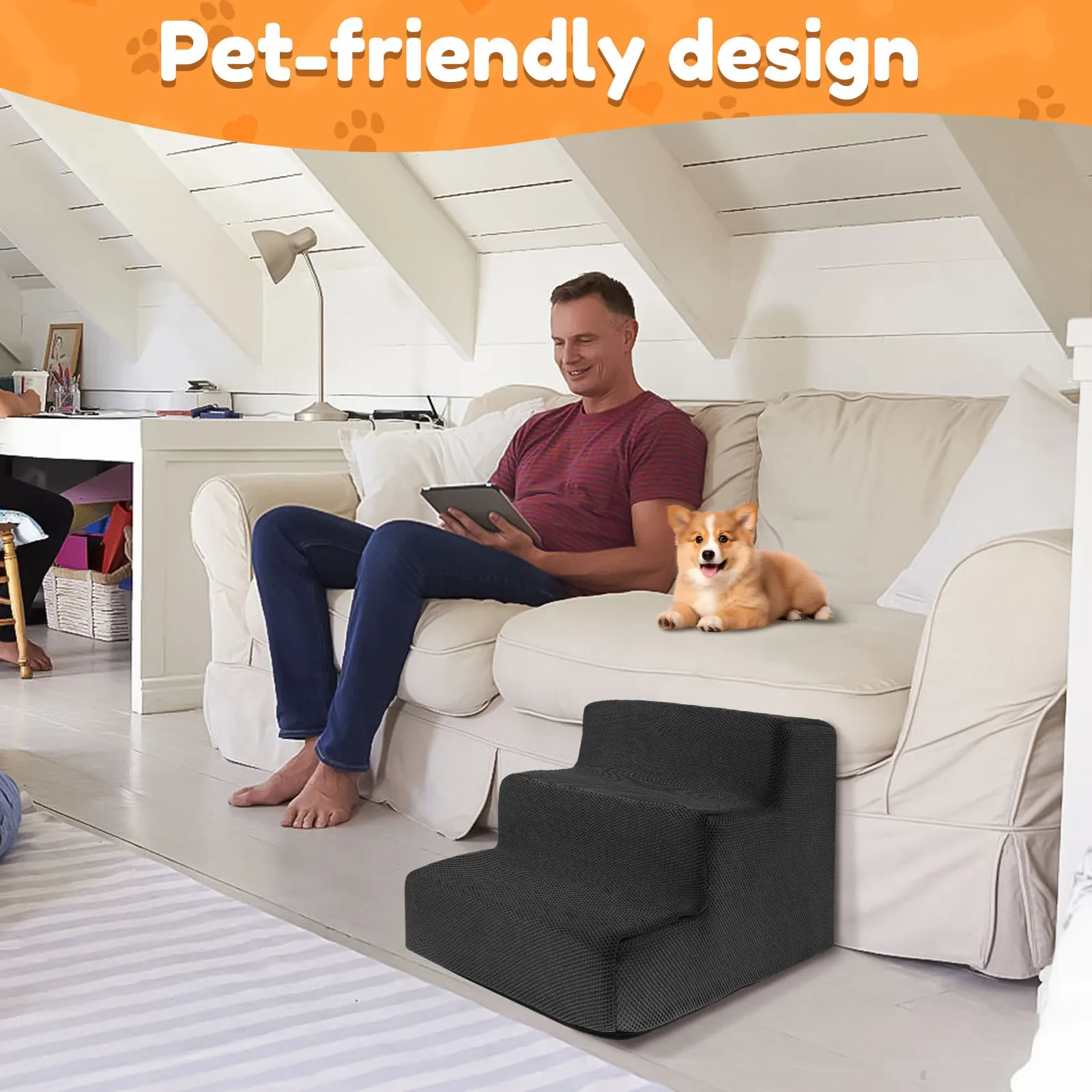 3 Step Pet Stairs High Density Soft Foam Small Dog Ramp Ladder Stair Removable and Washable Non-Slip for Dog/Cat pet ramp stairs