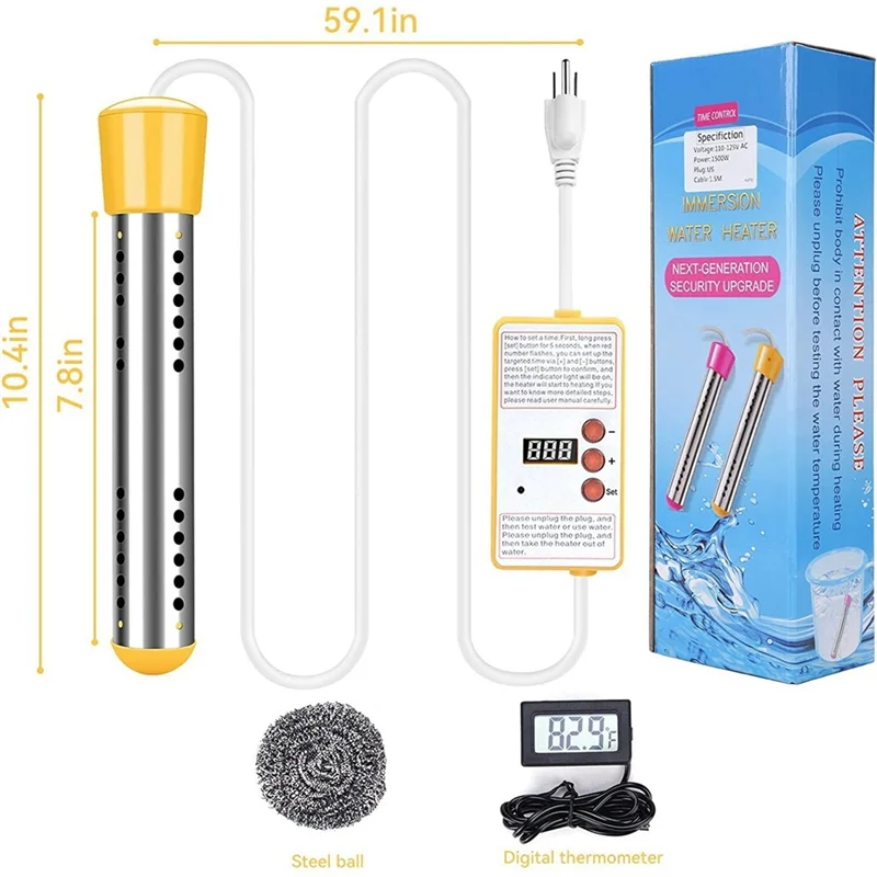 A78E-Immersion Water Heater, 1500W Electric Submersible Water Heater with Timer, Stainless Steel Guard Cover EU Plug 5