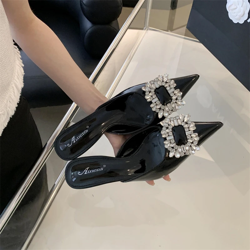 

ZOOKERLIN 2024 Women Shoes Pointed Shallow Rhinestone Pumps High Heels Women Slippers Summer Solid Color Slip On Slides Stiletto