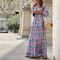 Robes bohème mi-longues pour femmes, nouvelle mode imprimée, Sexy, col en v, manches longues, taille haute, taille élastique, été 3